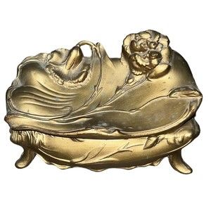 Victorian JB Art Nouveau jewelry casket gold paint spelter metal box footed case